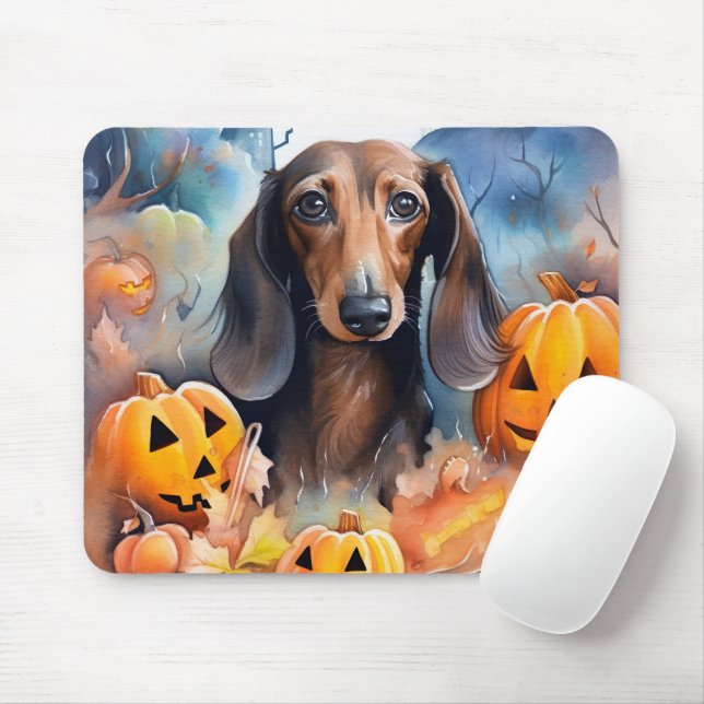 Dachshund Halloween med pumpor Skräckinjagande Musmatta (Med mus)
