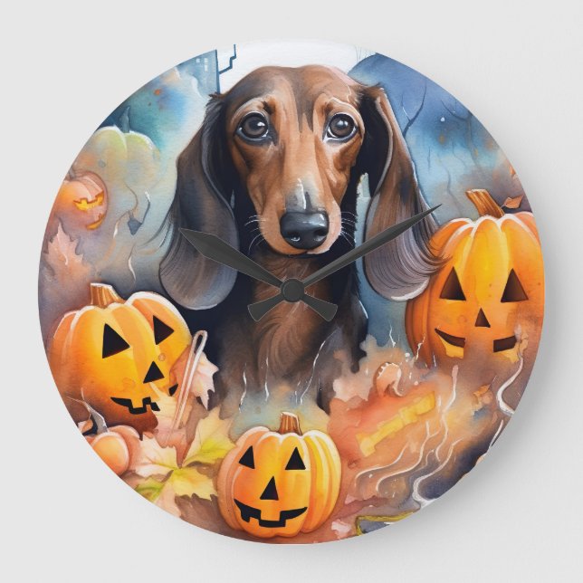 Dachshund Halloween med pumpor Skräckinjagande Stor Klocka (Framsida)