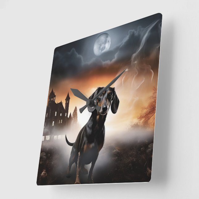 Dachshund Halloween Scary Fyrkantig Klocka (Vinkel)