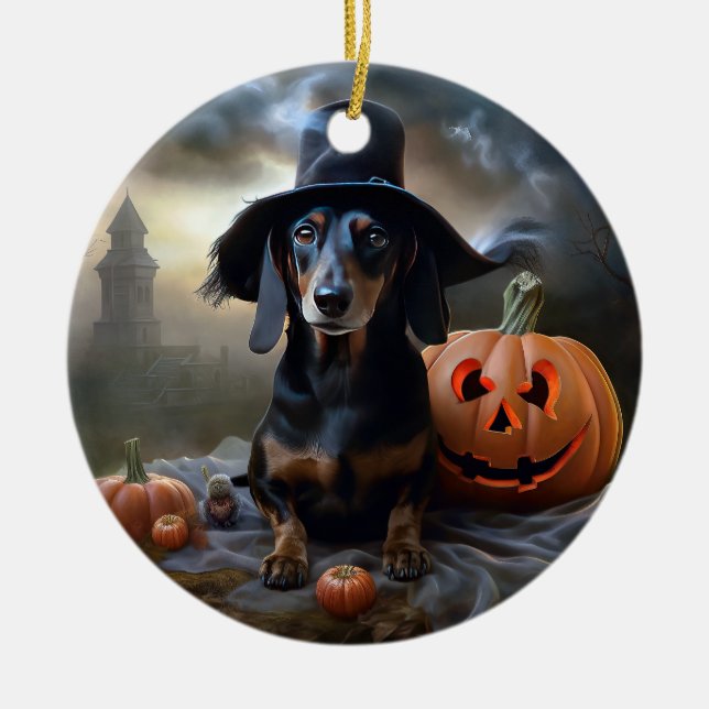 Dachshund Halloween Scary Julgransprydnad Keramik (Framsidan)