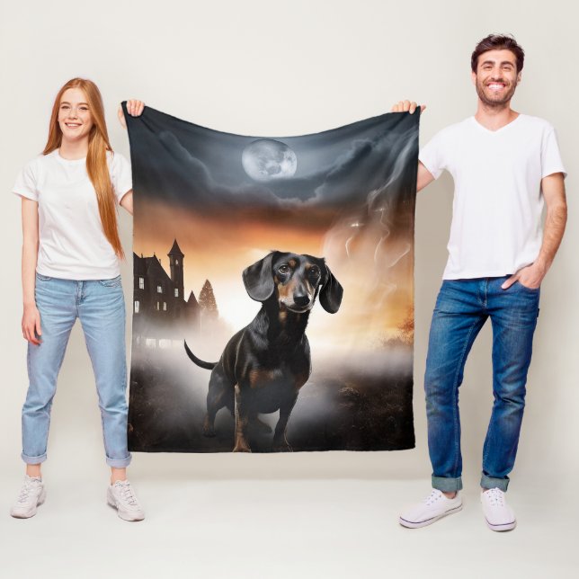 Dachshund Halloween Skräckinjagande Fleecefilt (På plats)