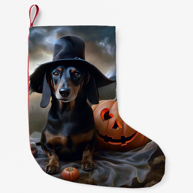 Dachshund Halloween Skräckinjagande Liten Julstrumpa (Framsidan)