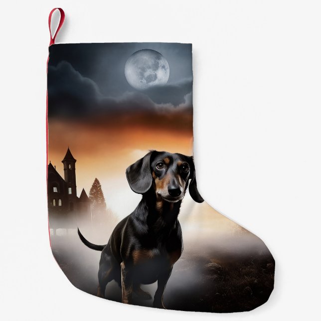 Dachshund Halloween Skräckinjagande Liten Julstrumpa (Framsidan)