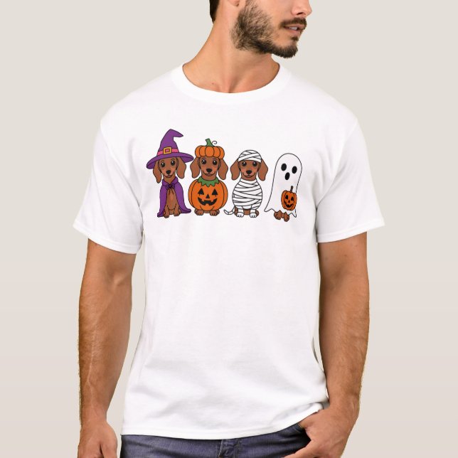 Dachshund Halloween Witch Pumpkin Mummy Ghost T Shirt (Framsida)