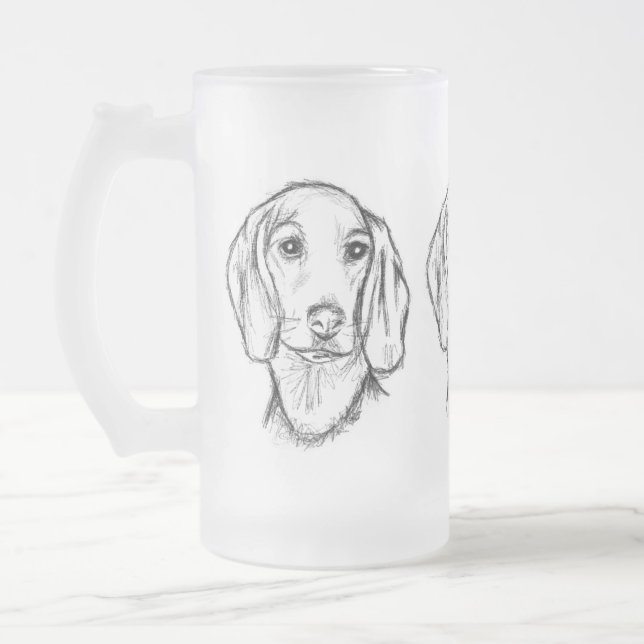 Dachshund hand plockade-sketch svartvit marionett  frostat ölglas (Vänster)