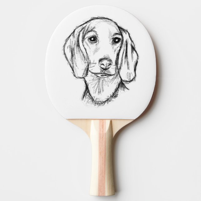 Dachshund hand plockade-sketch svartvit marionett  pingisracket (Framsidan)