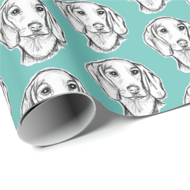 Dachshund hand plockade-sketch svartvit marionett  presentpapper (Rullad Hörn)