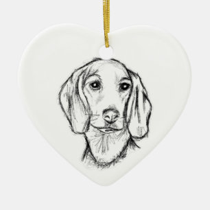 dachshund handritad skiss svart vit valp hund  julgransprydnad keramik