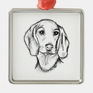 dachshund handritad skiss svart vit valp hund julgransprydnad metall