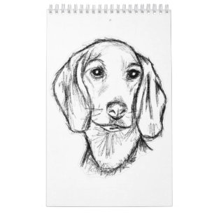 dachshund handritad skiss svart vit valp hund kalender