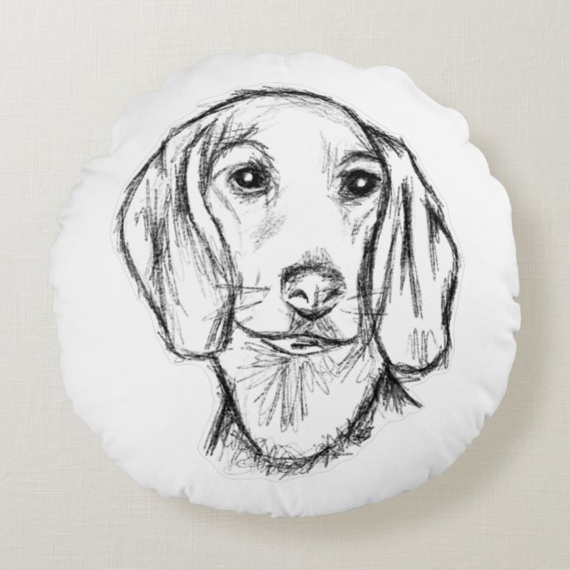dachshund handritad skiss svart vit valp hund  rund kudde (Framsidan)