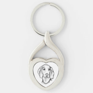 dachshund handritad skiss svart vit valp hund twisted heart silverfärgad nyckelring