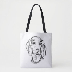dachshund handritad skiss svart vit valp hund tygkasse