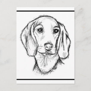 dachshund handritad skiss svart vit valp hund vykort