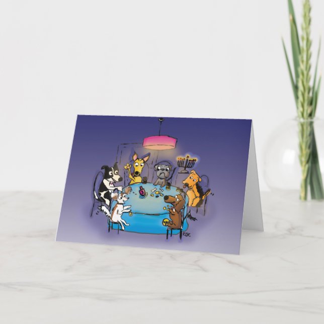 Dachshund Hanukkah Card! Hundar spelar Driedel! Kort (Framsida)