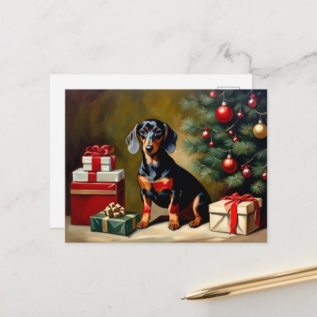 Dachshund Helgdag Illustration Vykort (Fram/Back In Situ)