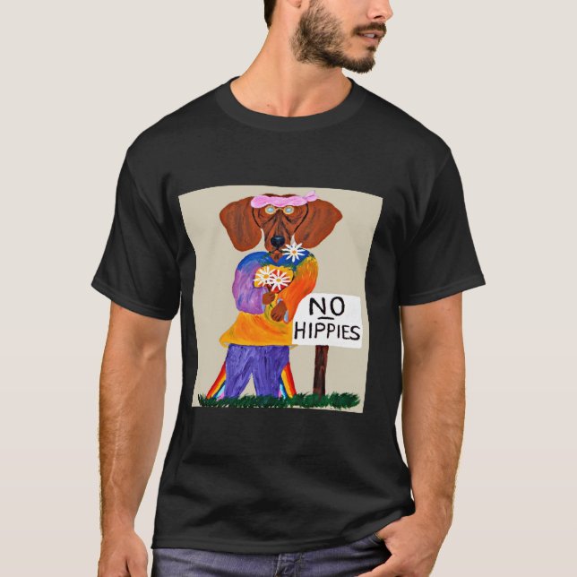 Dachshund Hippie vid Ingen Hippies Skylt T Shirt (Framsida)