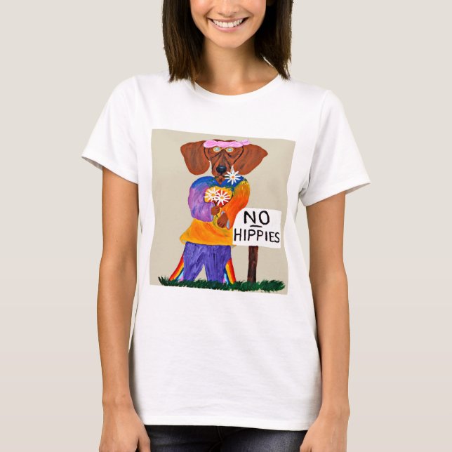 Dachshund Hippie vid Ingen Hippies Skylt T Shirt (Framsida)