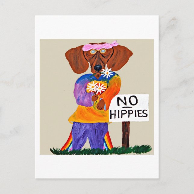 Dachshund Hippie vid Nej Hippies Skylt Vykort (Framsida)