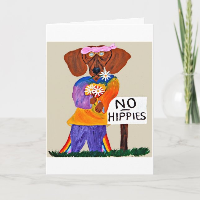 Dachshund Hippie vid skylt som förbjuder hippies Kort (Framsida)