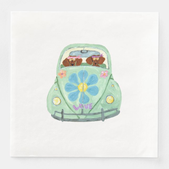 Dachshund Hippies I Deras Blomster Kärlek Bil Pappersservett (Framsida)