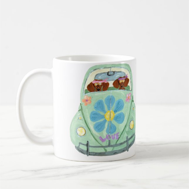 Dachshund Hippies I Deras Blomster Kärleksmobila Kaffemugg (Vänster)