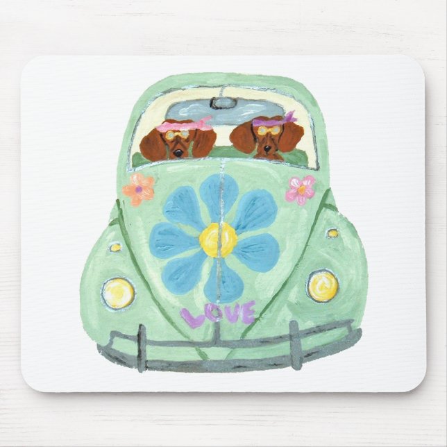 Dachshund Hippies I Deras Blomster Kärleksmobila Musmatta (Framsidan)