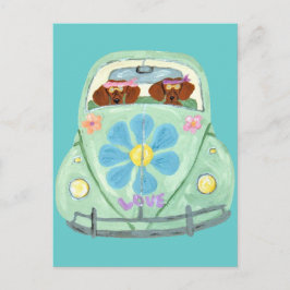 Dachshund Hippies I Deras Blomsterälskande Mobil Vykort