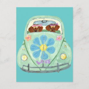 Dachshund Hippies I Deras Blomsterälskande Mobil Vykort