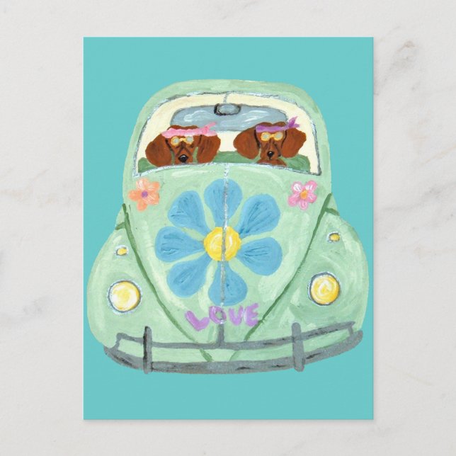 Dachshund Hippies I Deras Blomsterälskande Mobil Vykort (Framsida)