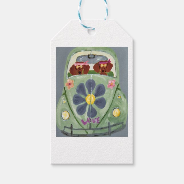 Dachshund Hippies I Deras Blomsterkärleksbil Presentetikett (Framsidan)