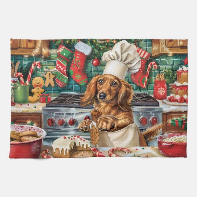Dachshund Holiday Baking: Festiv jul Kökshandduk (Horisontell)