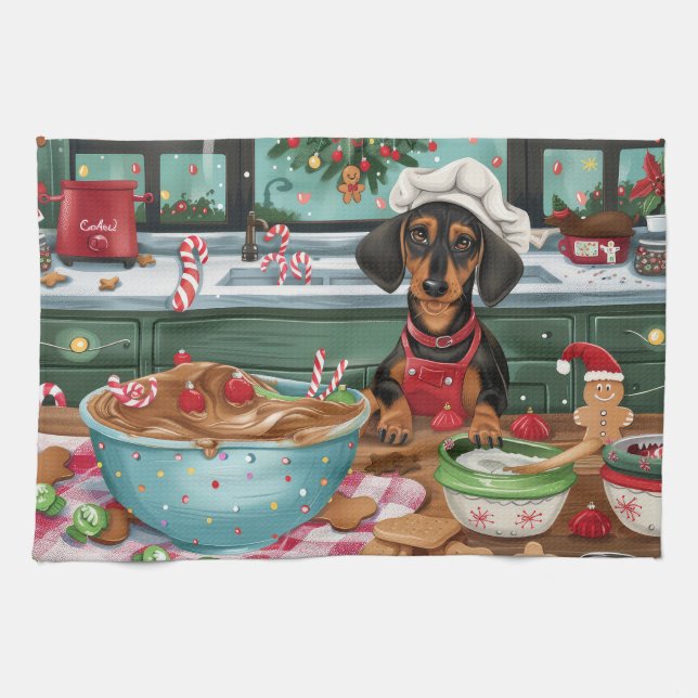 Dachshund Holiday Baking: Festiv julbakning  Kökshandduk (Horisontell)