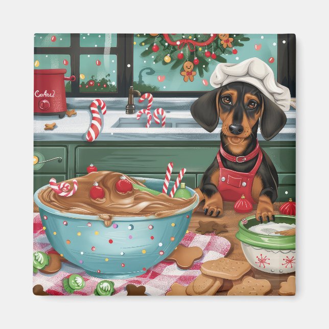 Dachshund Holiday Baking: Festiv julbakning  Magnet (Framsidan)
