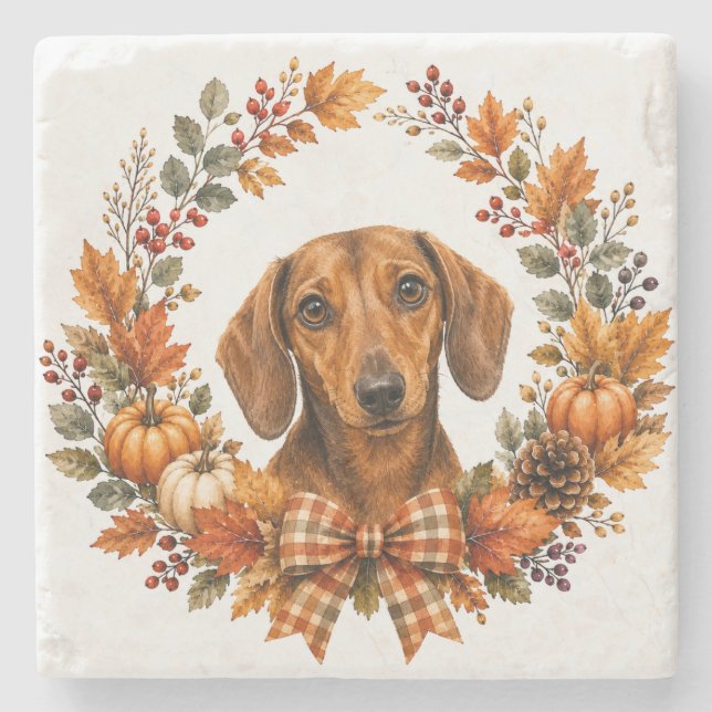 Dachshund Höstkrans Coaster Stenunderlägg (Framsidan)
