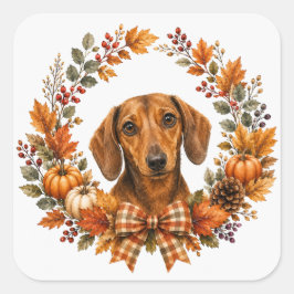 Dachshund höstkrans fyrkantigt klistermärke
