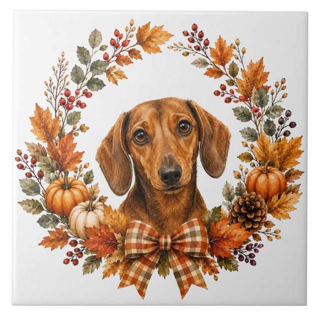 Dachshund höstkrans kakelplatta (Framsidan)