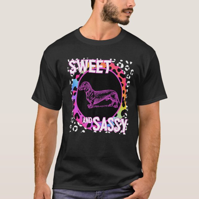 Dachshund Hund 90s Nostalgia Rainbow Leopard Skriv T Shirt (Framsida)