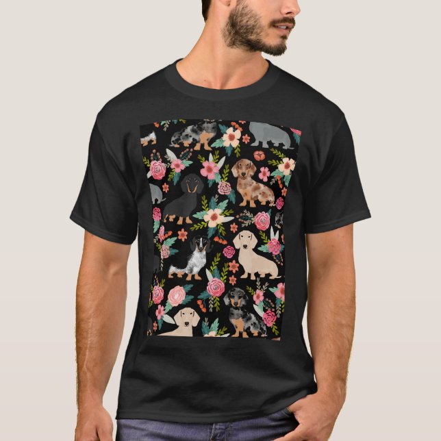Dachshund Hund Art med blommor T Shirt (Framsida)