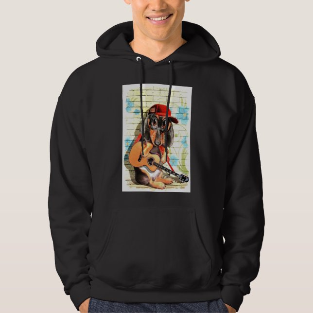 Dachshund Hund Art med gitarr och hattat Hoodie (Framsida)