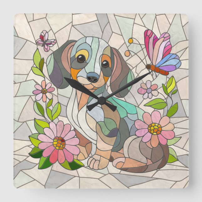 Dachshund-hund - Doxifärgad mosaik Fyrkantig Klocka (Framsida)