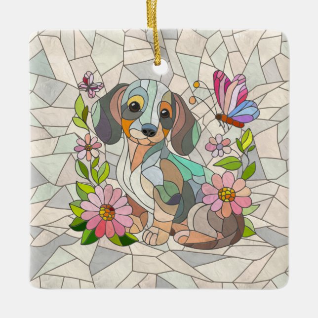 Dachshund-hund - Doxifärgad mosaik Julgransprydnad Keramik (Framsida)