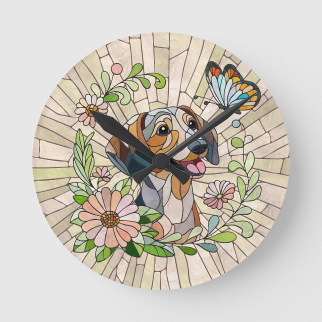 Dachshund-hund - Doxifärgad mosaik Rund Klocka (Framsida)