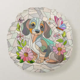 Dachshund-hund - Doxifärgad mosaik Rund Kudde