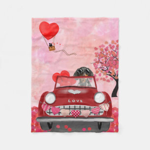 Dachshund Hund Driving Car with Hearts Valentine's Fleecefilt