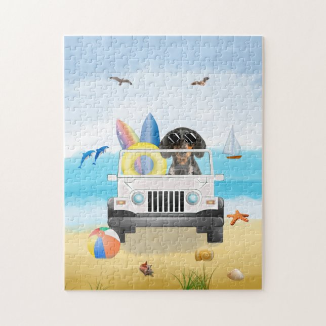 Dachshund Hund Driving on Beach Pussel (Vertikal)