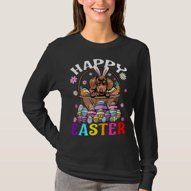 Dachshund Hund Glad påsk Bunny Eggs Påsk T Shirt (Framsida)
