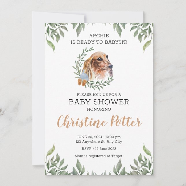 Dachshund Hund Greenery Boho Baby Shower-inbjudan Inbjudningar (Framsida)