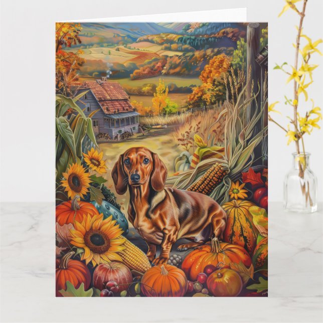 Dachshund Hund Höstskörd Tacksägelse Kort (Gul blomma)