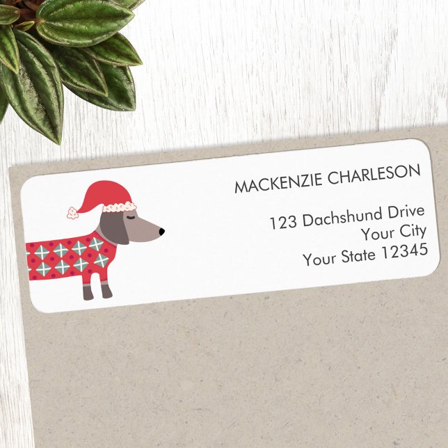 Dachshund Hund i Returadressen Jul Hat Returadress Etikett (Fun Dachshund Wiener Sausage Dog in a Christmas hat personalized return address label)